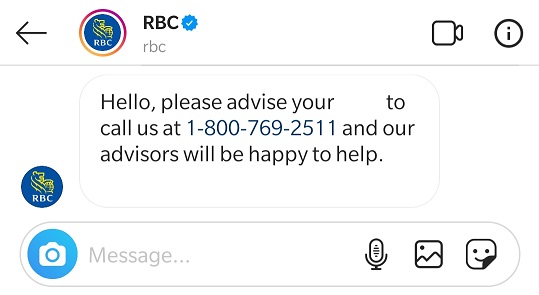 Conversation with RBC Bank's Customer Care on Instagram