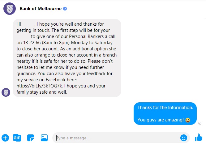Conversation with Customer Care of Bank of Melbourne